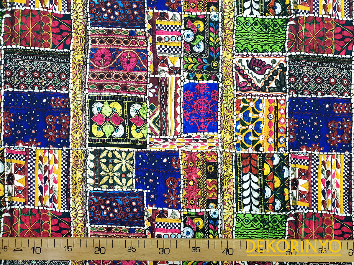 Isleme Gorunumlu Ozbek Desenli Dosemelik Kumas Dekorinyo