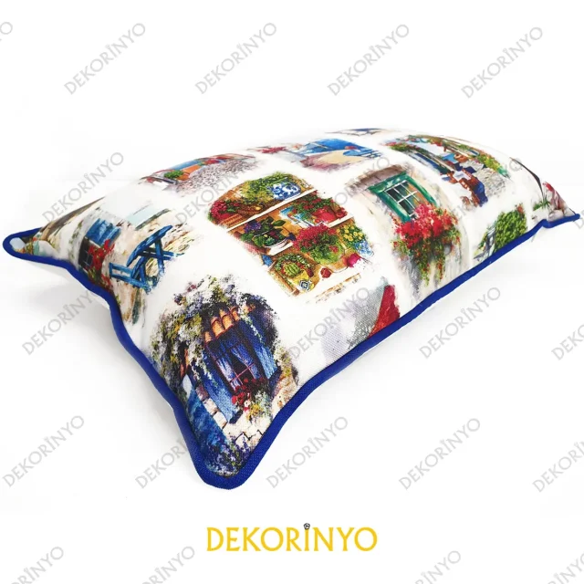 Bodrum Masalı Desenli Biyeli Dikdörtgen Kırlent