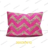 Çuval Zeminli Fuşya Zigzag Desenli Dikdörtgen Kırlent
