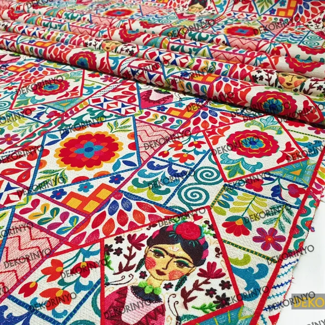 İğne Oyası Görünümlü Frida Motifli Kumaş