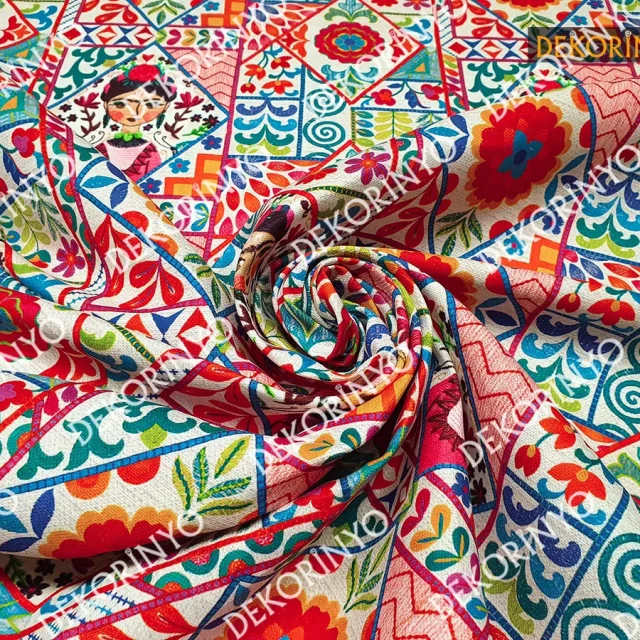 İğne Oyası Görünümlü Frida Motifli Kumaş
