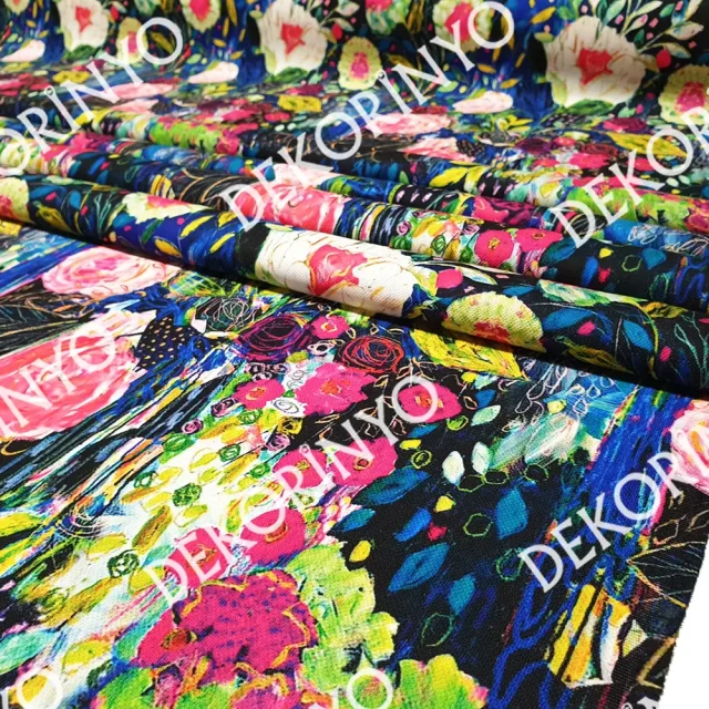 Yağlı Boya Soyut Çiçekler Desenli Kumaş