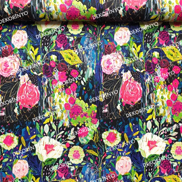 Yağlı Boya Soyut Çiçekler Desenli Kumaş