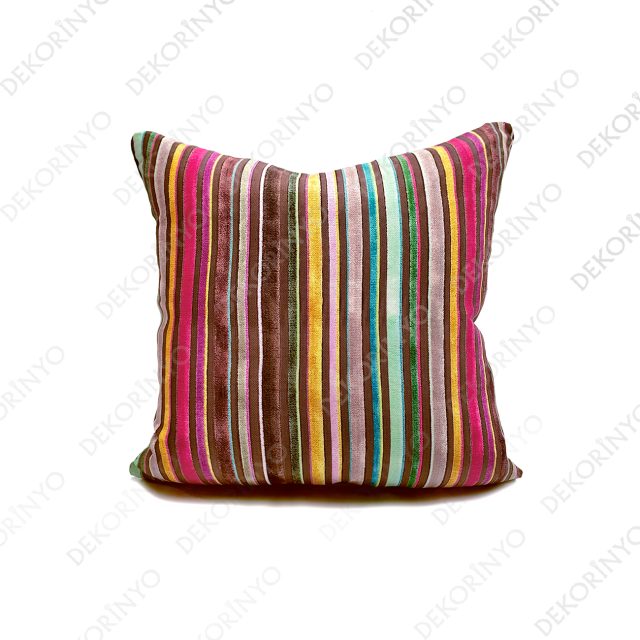 Kadife Görünümlü Renkli Çizgili Kırlent