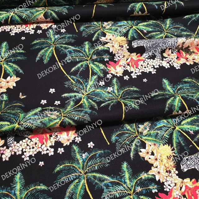 Leopar ve Palmiye Temalı Döşemelik Kumaş
