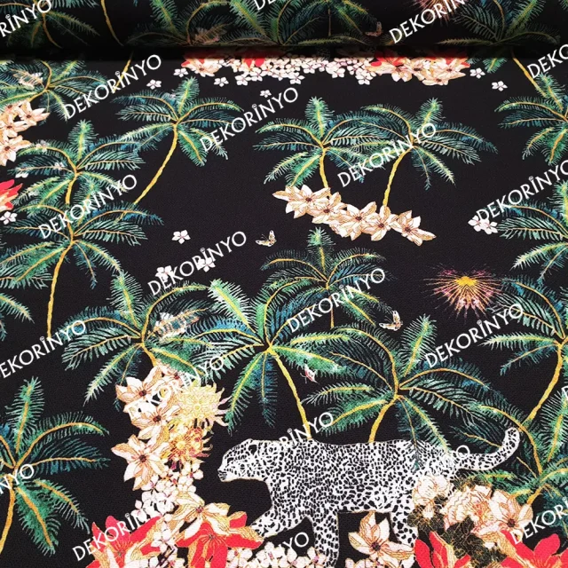 Leopar ve Palmiye Temalı Döşemelik Kumaş