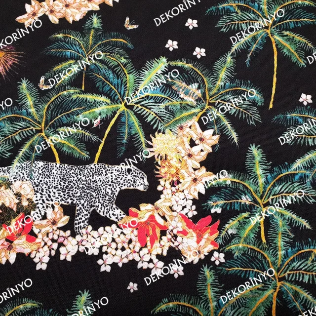 Leopar ve Palmiye Temalı Döşemelik Kumaş