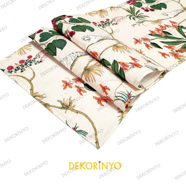 Kaplan ve Tropikal Çiçekler Desenli Runner