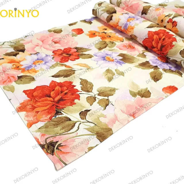 Natürel Soft Çiçekler Desenli Dekoratif Runner
