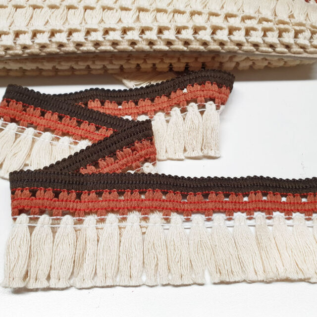 Koyu Kahve Taba Krem Şerit Püskül