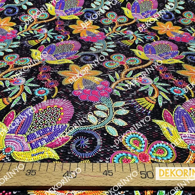 Payet Görünümlü Çiçek Desenli Döşemelik Kumaş