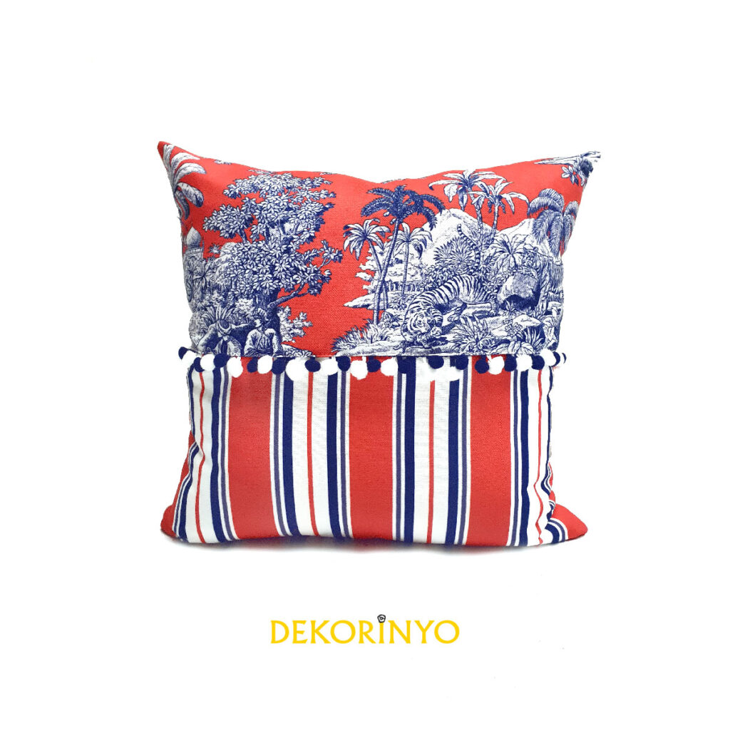 Mercan Çizgili Ponponlu Bleu Blanc Kırlent