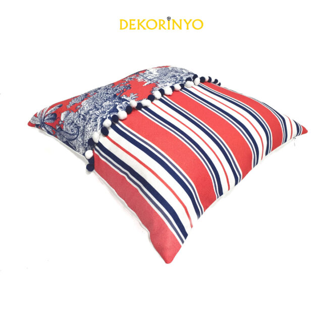 Mercan Çizgili Ponponlu Bleu Blanc Kırlent