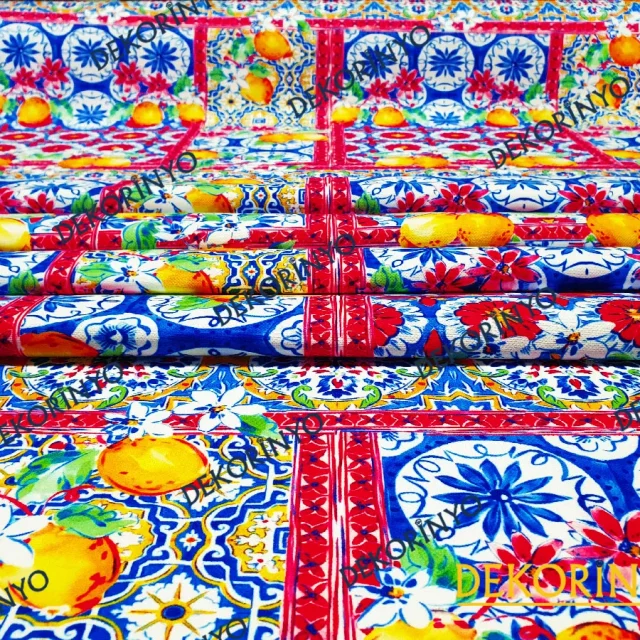 Seramik Motifleri ve Limonlar Desenli Kumaş