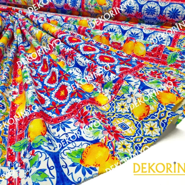 Seramik Motifleri ve Limonlar Desenli Kumaş