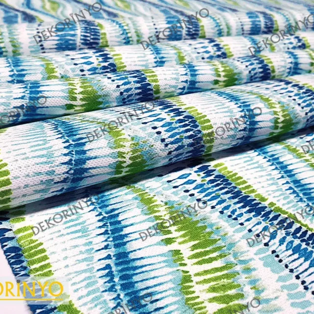 Yeşil Mavi Dalgalı İkat Desenli Kumaş