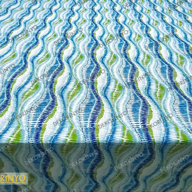 Yeşil Mavi Dalgalı İkat Desenli Kumaş