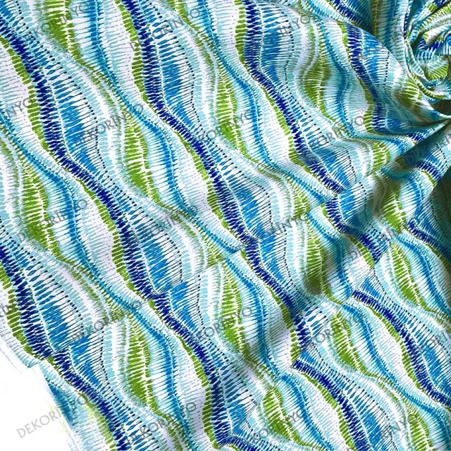 Yeşil Mavi Dalgalı İkat Desenli Kumaş