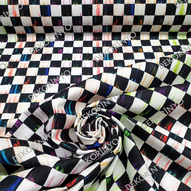 Yağlı Boya Efektli Dama Desenli Kumaş