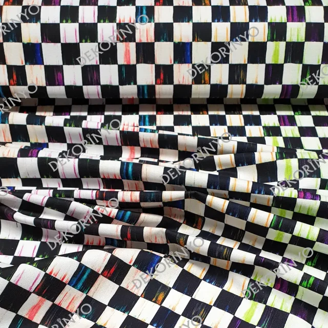 Yağlı Boya Efektli Dama Desenli Kumaş