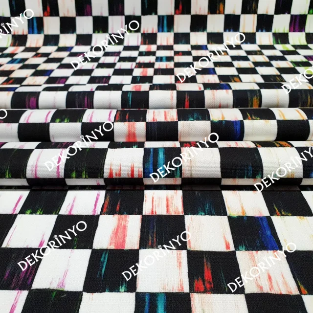 Yağlı Boya Efektli Dama Desenli Kumaş