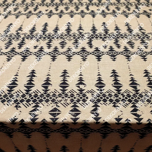 Keten Zemin Efektli Siyah Aztek Kumaş