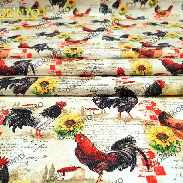 Horoz ve Tavuk Desenli Döşemelik Kumaş