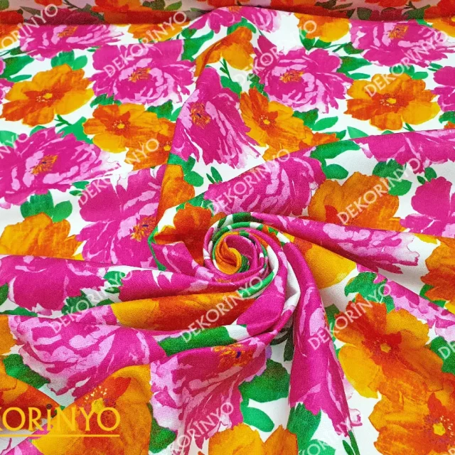Fuşya Turuncu Güller Desenli Döşemelik Kumaş