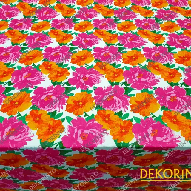 Fuşya Turuncu Güller Desenli Döşemelik Kumaş