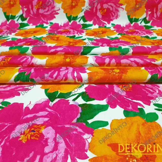 Fuşya Turuncu Güller Desenli Döşemelik Kumaş