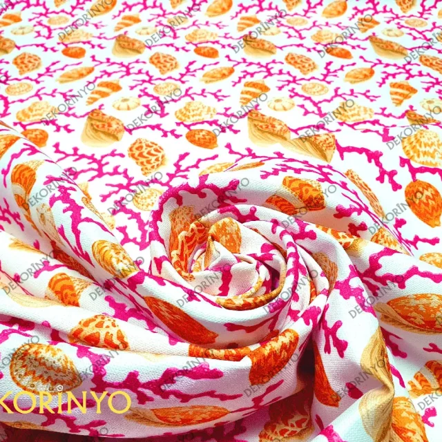 Mercanlar ve Deniz Kabukları Desenli Kumaş