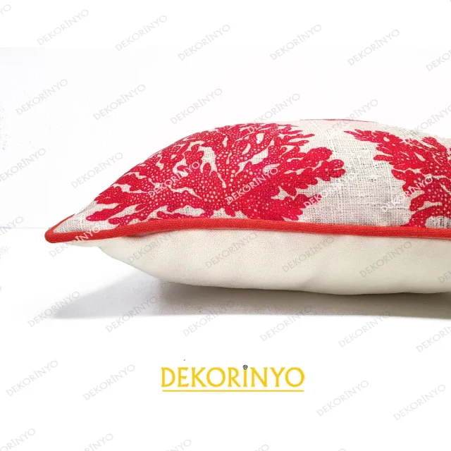 Nar Çiçeği Mercan Desenli Biyeli Kırlent