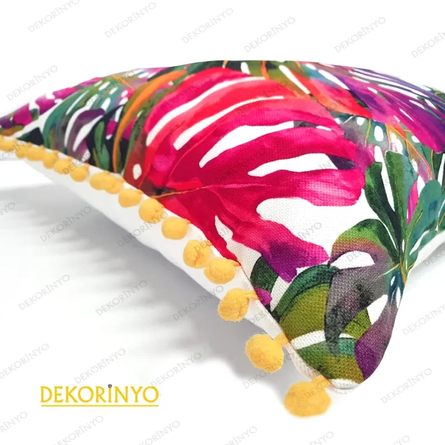 Monstera Yaprakları Desenli Ponponlu Kare Kırlent