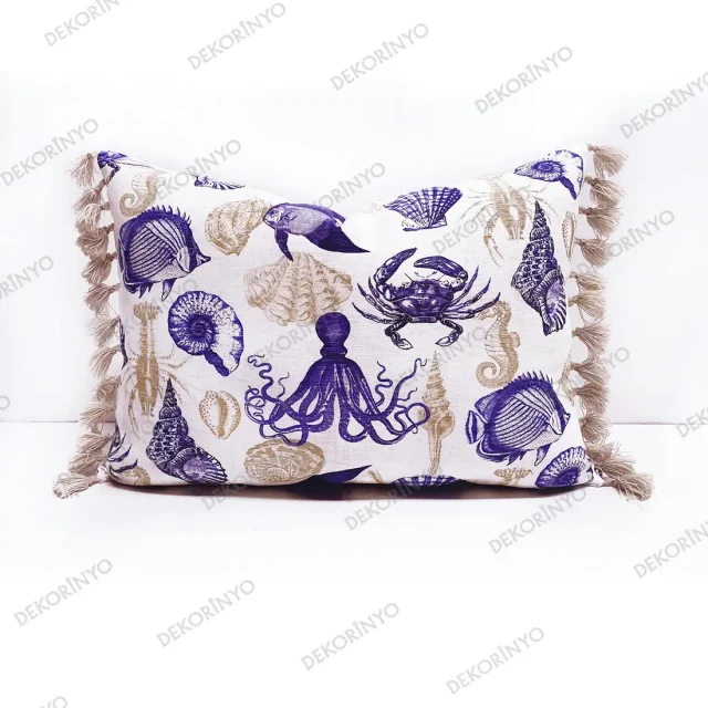 Sualtı Dünyası Temalı Püsküllü Dikdörtgen Kırlent