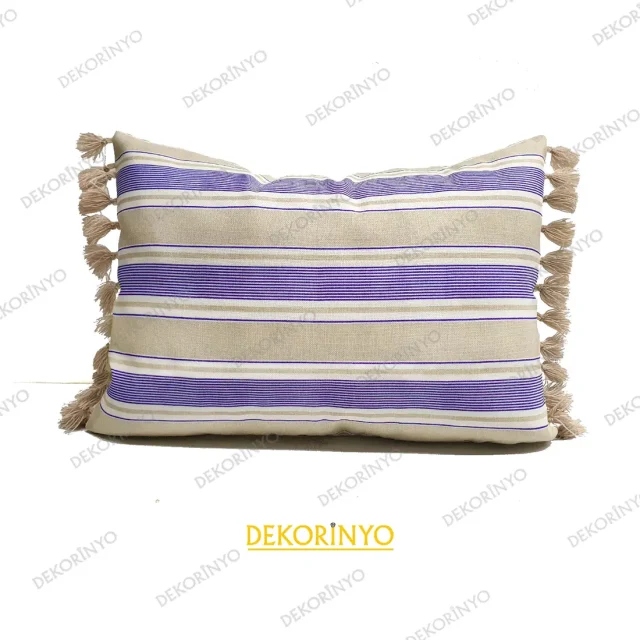 Sütlü Kahve Lacivert Çizgili Püsküllü Kırlent