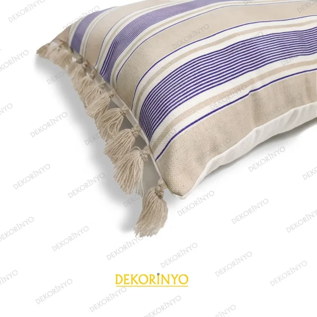 Sütlü Kahve Lacivert Çizgili Püsküllü Kırlent