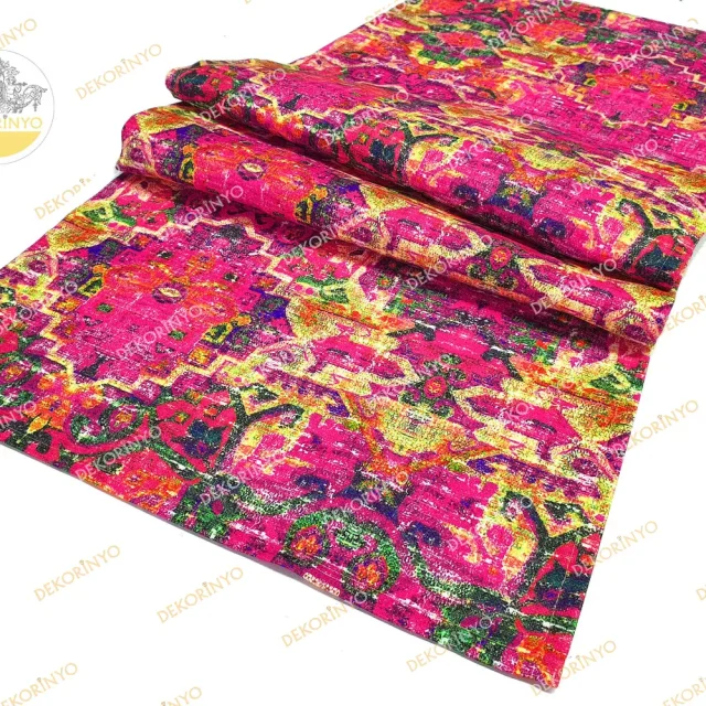 Eskitme Efektli Kilim Motifli Runner