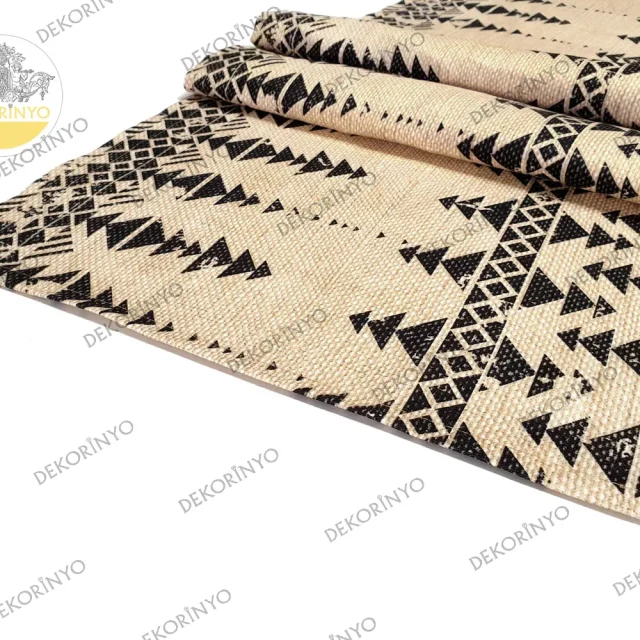 Keten Zemin Efektli Aztek Motifli Runner