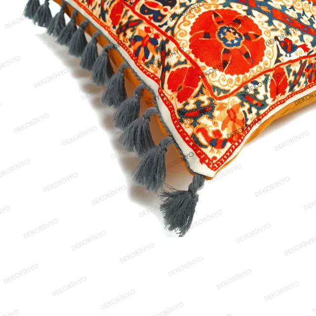 Özbek Madalyon Desenli Püsküllü Dikdörtgen Kırlent