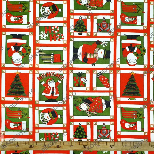 Çerçeveli Yılbaşı Figürleri Desenli Kumaş