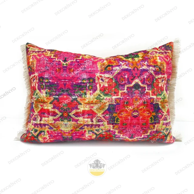 Eskitme Kilim Motifli Saçaklı Dikdörtgen Kırlent