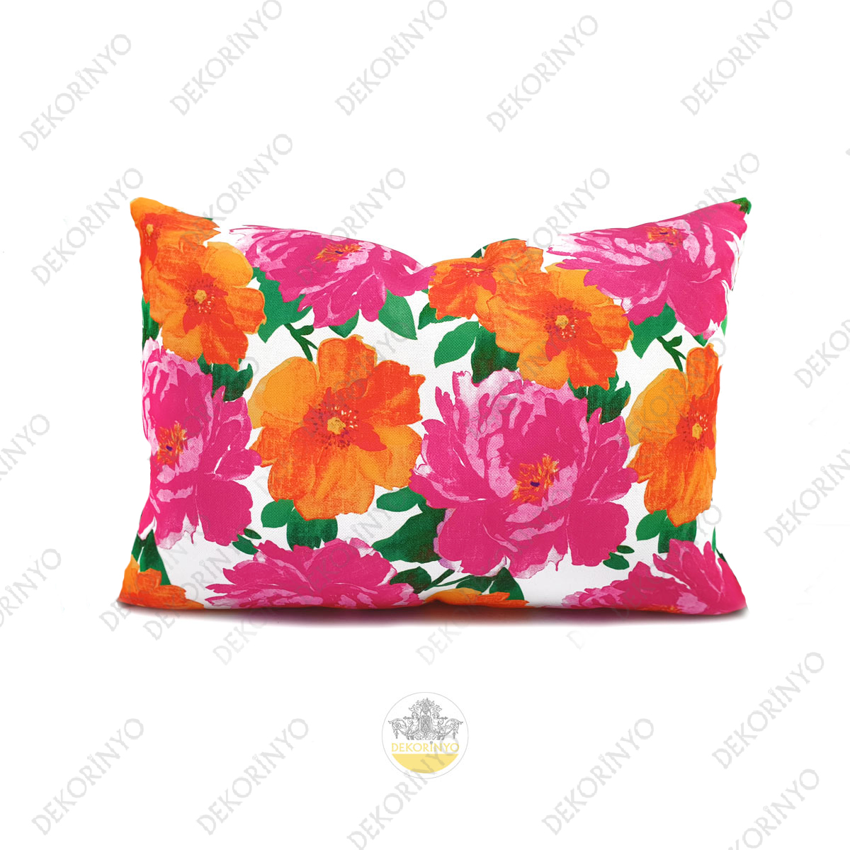 Fuşya Turuncu Güller Dikdörtgen Desenli Kırlent