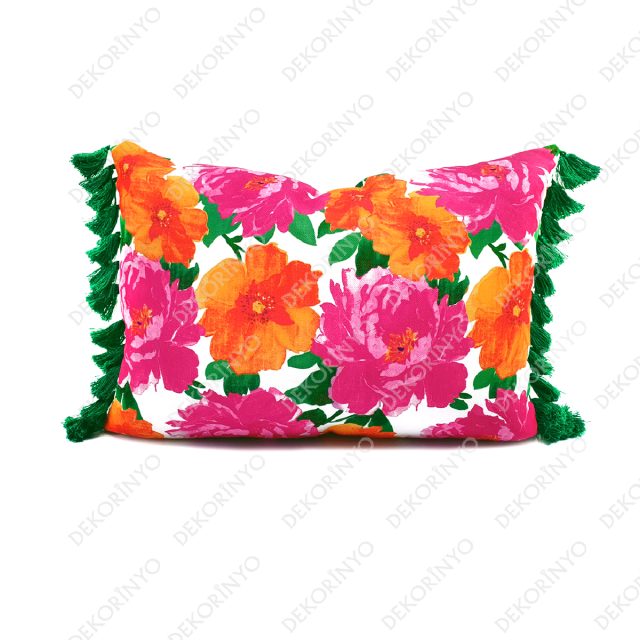 Fuşya Turuncu Güller Dikdörtgen Desenli Kırlent