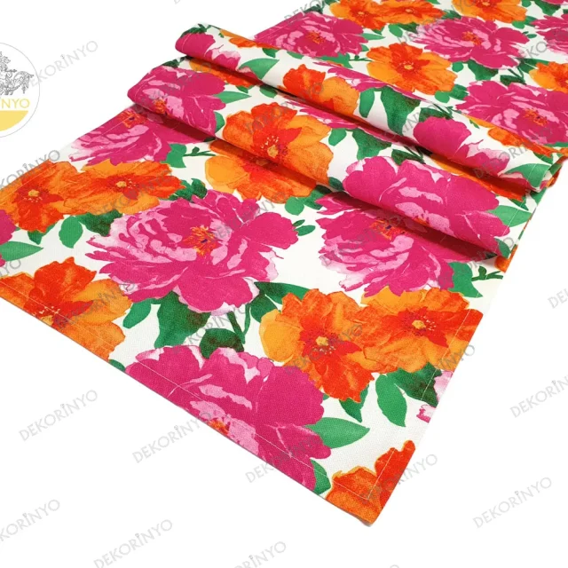 Fuşya Turuncu Güller Desenli Runner