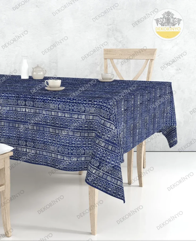 Lacivert İndigo Aztek Motifli Masa Örtüsü