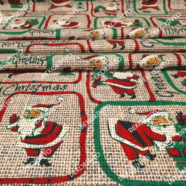Jüt Görünümlü Noel Baba Desenli Kumaş