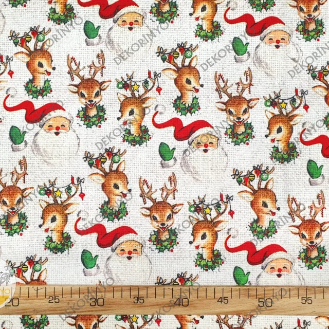 Yılbaşı Geyikleri ve Noel Baba Desenli Kumaş