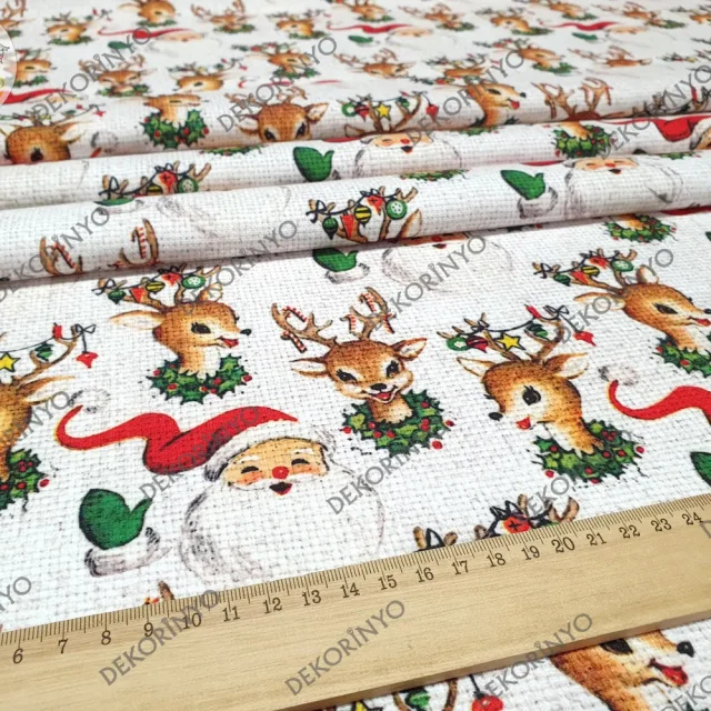 Yılbaşı Geyikleri ve Noel Baba Desenli Kumaş