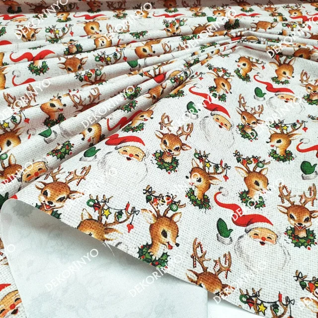 Yılbaşı Geyikleri ve Noel Baba Desenli Kumaş