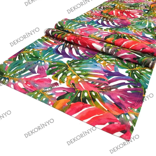 Renkli Monstera Yaprakları Desenli Runner